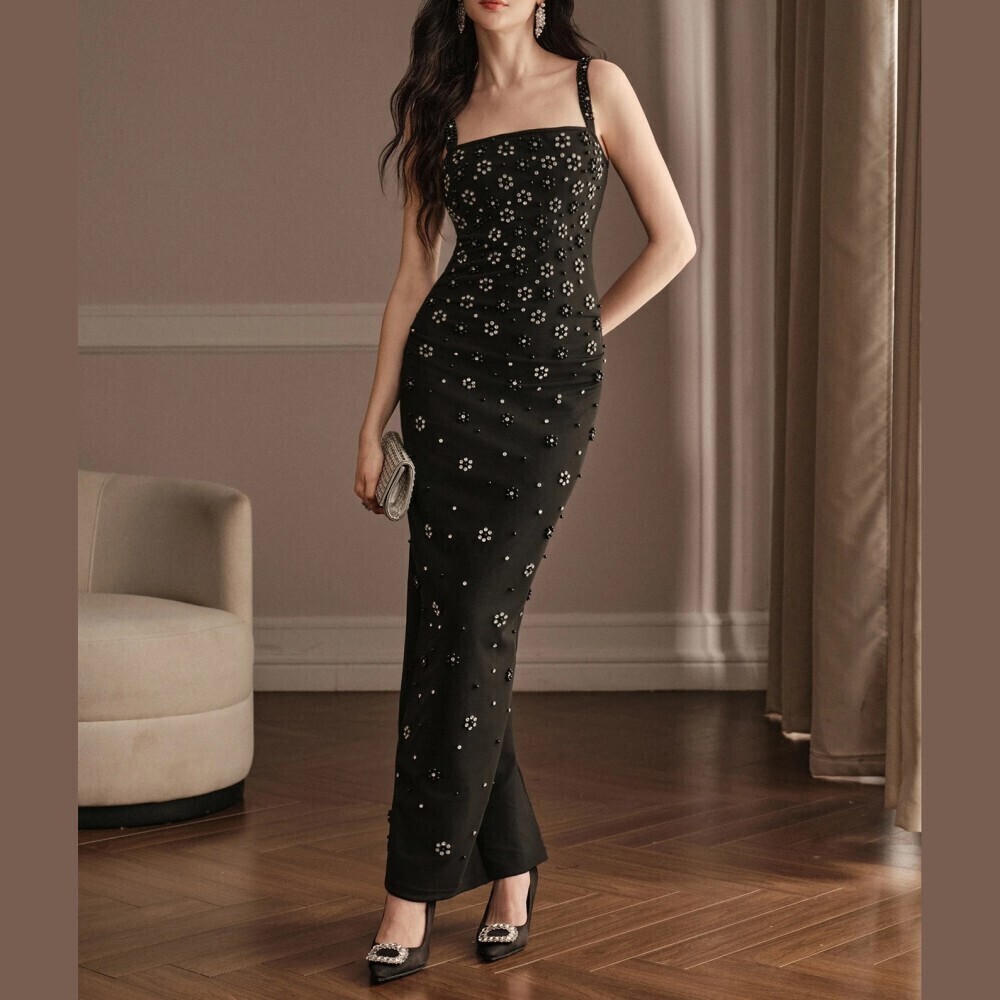 Black Floral Beaded Square Neck Slim Fit Maxi Cocktail Dress